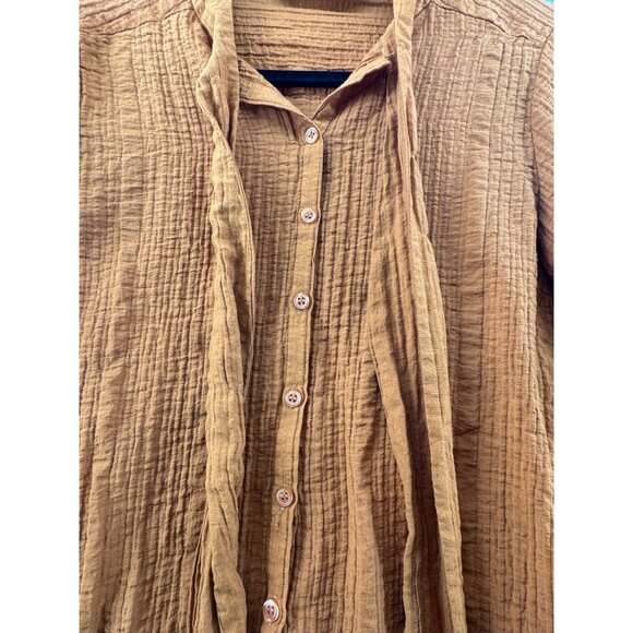 Zara Rust Textured Button-Up Blouse With Tie Neck & Ruffled Sleeves Size Medium - Picture 4 of 7